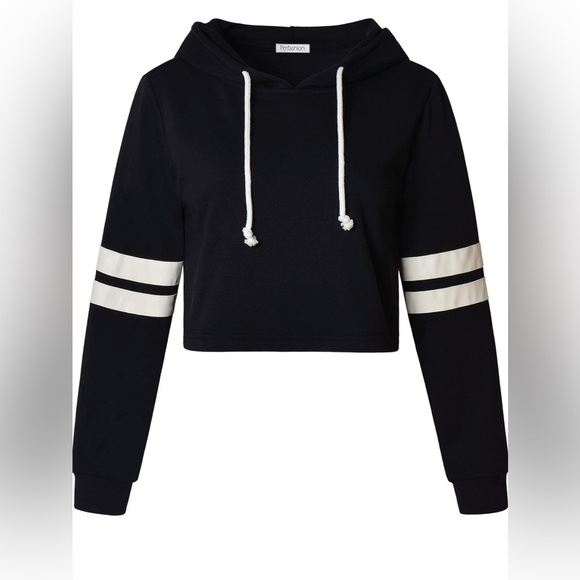 Black Cropped Hoodie with White Stripes - Picture 3 of 10